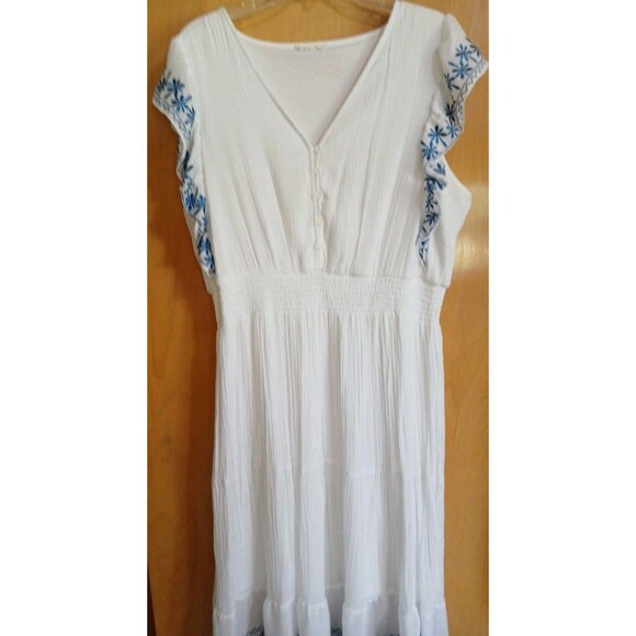 Kings Road White Sleeveless Dress Blue Embroidered Trim Lined Elastic/ Button LG - Picture 2 of 16